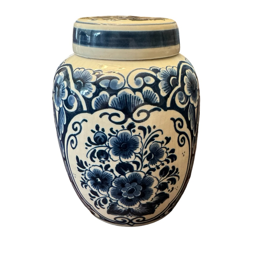 Vintage 1960s Danish Delft Fine Porcelain Ginger Jar With Lid